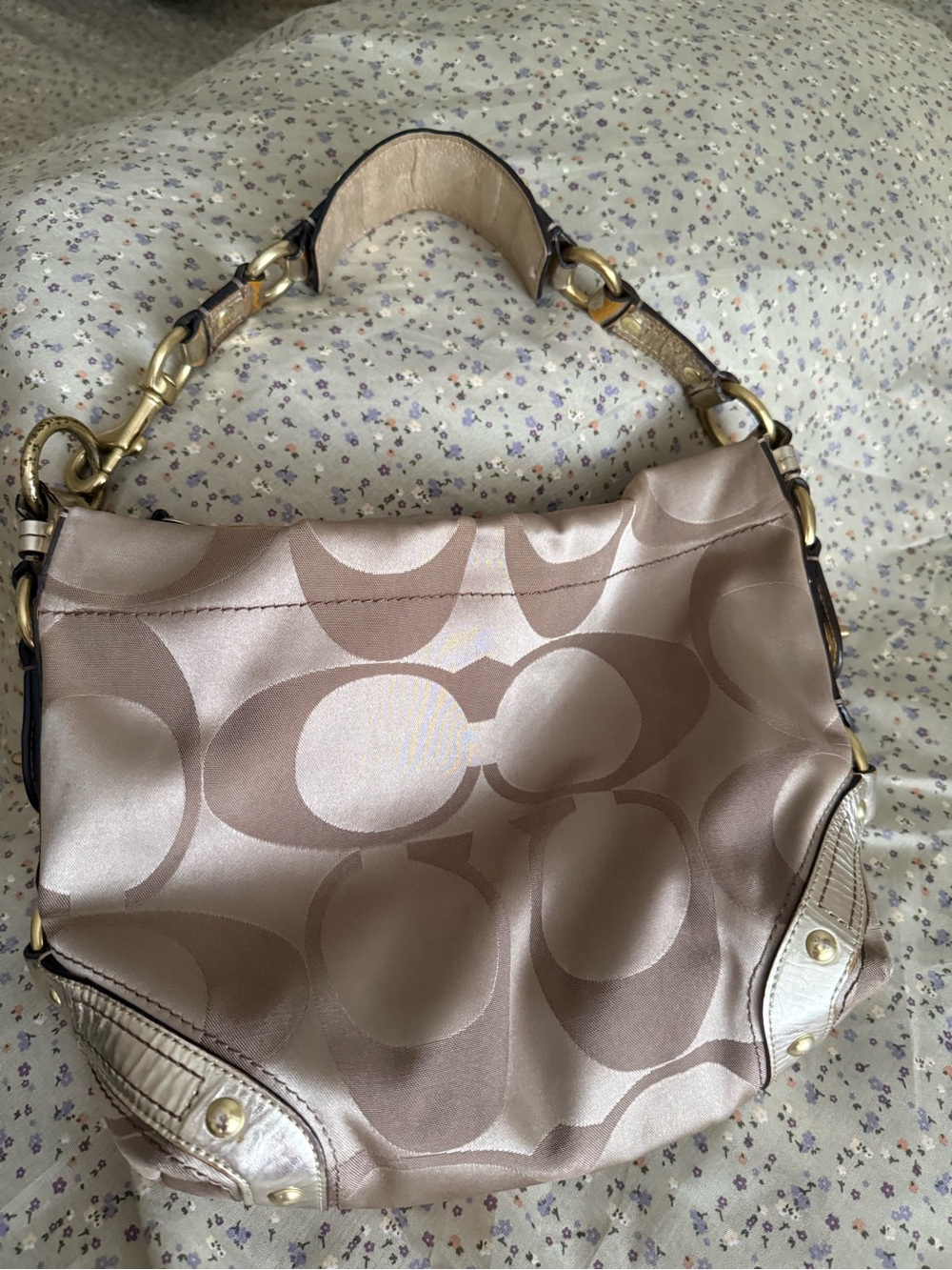 Coach Satin Signature Shoulder Bag in Taupe and Beige